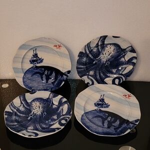 Set Of 4 Blue and White Octopus/Whale Salad  Plates Set